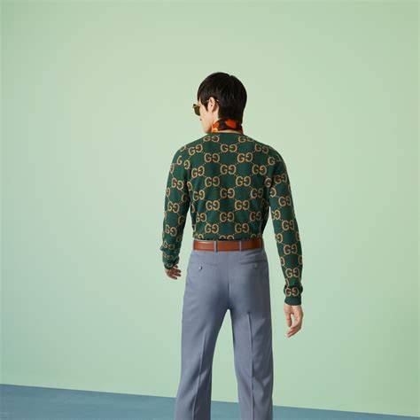 maglione in filo colore azzurro gucci|Maglione in jacquard di lana GG in nero e verde .